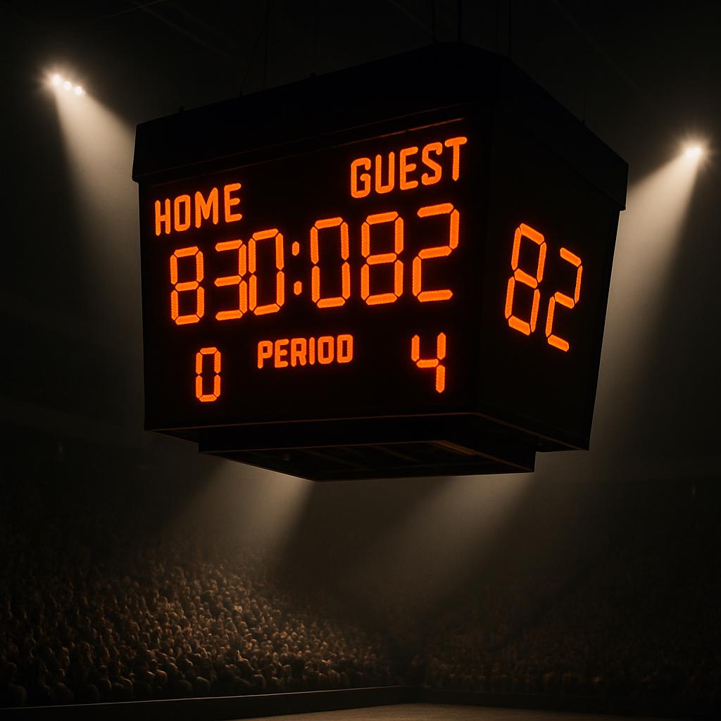 An empty stadium with a digital scoreboard and spotlight shining on it.