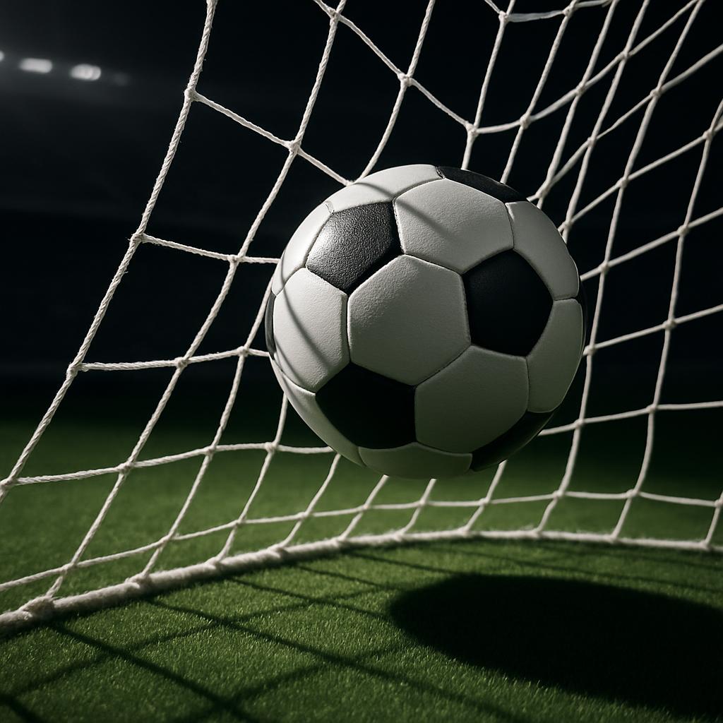 A soccer ball falls into a goal net, positioned centrally with its black and white panels facing the viewer. The ball appe...