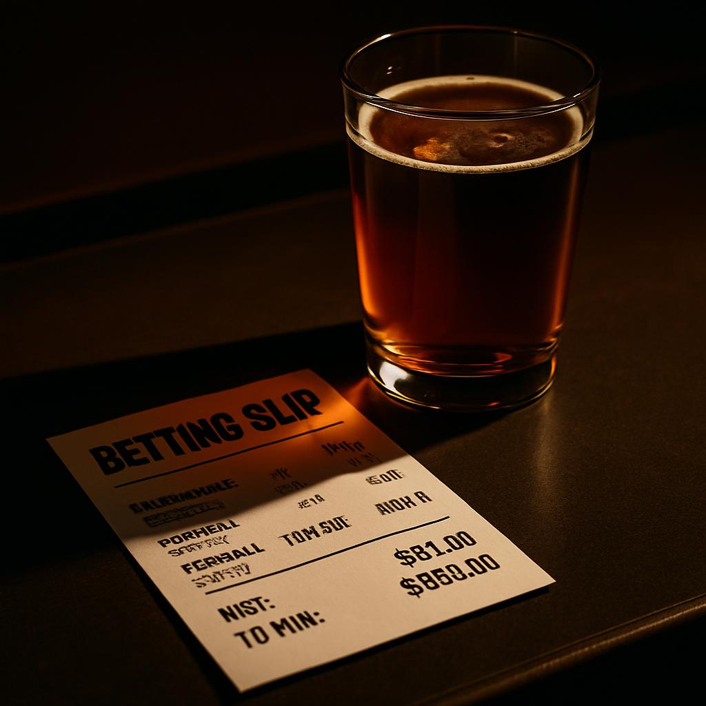 A betting slip and a glass of beer on a table. **Betting Slip** * Printed on white paper * Ligtened by overhead lighting *...
